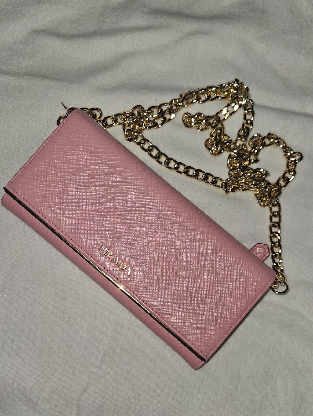 Prada Pink Saffiano Crossbody Wallet with Gold Chain